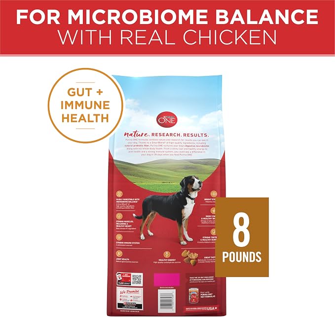 Purina ONE Chicken & Rice Formula Dry Dog Food, 8 lb Bag | High protein dog food with a microbiome balance and SmartBlend of ingredients like prebiotic fiber for gut and immune support