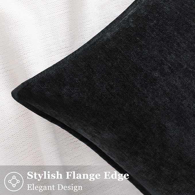 decorUhome Chenille Black Velvet Throw Pillow Covers 26x26 Set of 2 | Fall Soft Euro Sham Couch Decorative Modern Farmhouse Pillow Cases with Elegant Design for Sofa Bed Living Room Home Decor