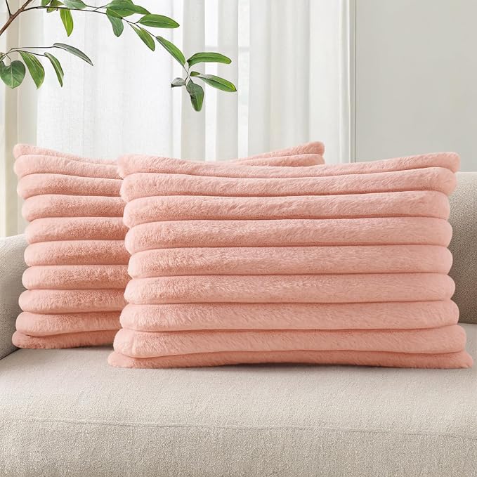 Pallene Faux Fur Decorative Throw Pillow Covers 12x20 Set of 2, Pink | Luxury Plush Texture, Striped Design, Cozy Soft Touch, Modern Home Accent Decor for Couch, Sofa, Bed, Living Room