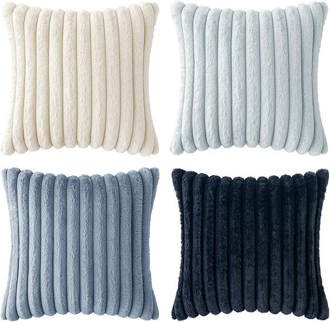 MIULEE Faux Fur Plush Euro Decorative Throw Pillow Covers 24x24, Navy Blue | Set of 4, Striped, Soft Coastal Modern Cozy Home Decor, Cushion Cases for Sofa Couch Bed Living Room