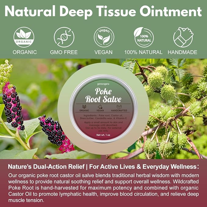 Poke Root & Castor Oil Salve for Lymphatic Massage, Vegan Herbal Balm for Breast, Neck, Underarm & Joint Care, Deep Tissue Massage Ointment for Relaxing Self Care & Skin Moisturizing, 1oz
