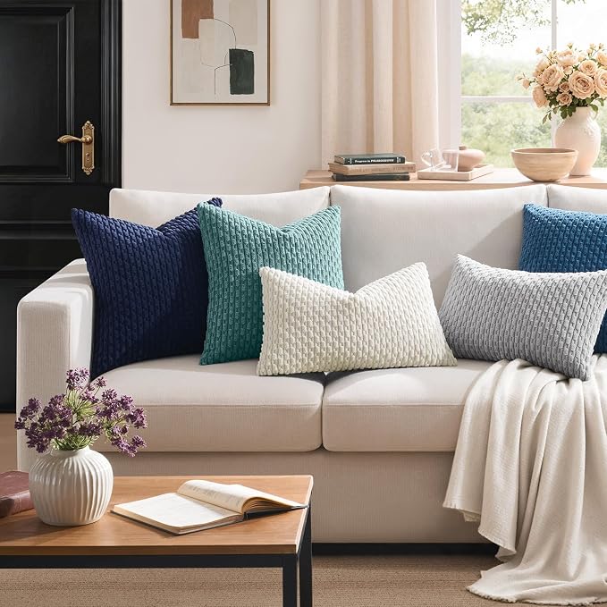 Kevin Textile Soft Corduroy 14"x36" Lumbar Pillow Cover 1 Pack, Cream White | Boho Stripe Plush Corduroy Decorative Oblong Cushion Cover Modern Farmhouse Home Decor for Sofa Couch Bed Chair