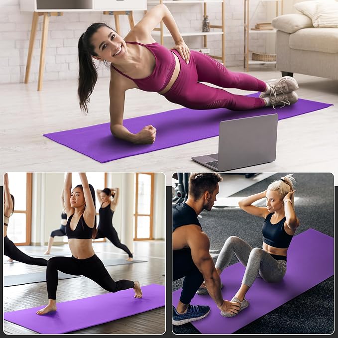 Signature Fitness All Purpose 0.25 Inch Thick High Density No Tear Exercise Yoga Mat w/Strap & Lightweight Features for Indoor & Outdoor Use, Purple