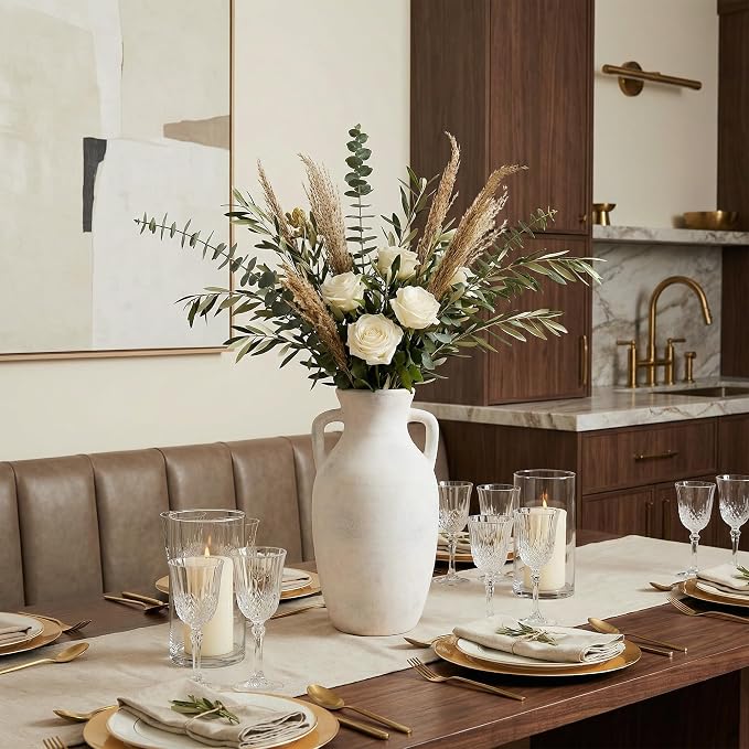 Ceramic Flower Vase with Handles, Neutral Tall Clay Decorative Terracotta Vases Farmhouse Table Vases Living Room Decor Rustic Pottery Pots for Home Shelf Coffee Dining Desk (A-12 h-Antique Beige)