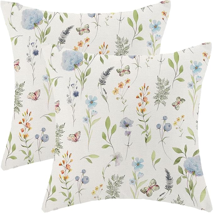 Spring Pillow Covers 16x16 Inch Set of 2, Sage Green Blue Wild Flower Throw Pillows Case,Colorful Seasonal Floral Plant Outdoor Decorative Farmhouse Decor Cushion Covers for Home Sofa Bed Couch