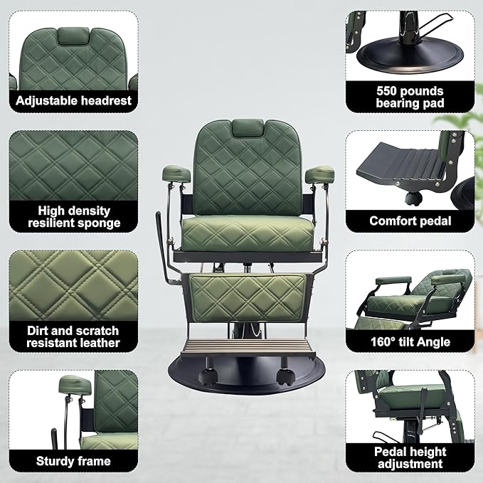 Barber Chair for Hair Stylist, Heavy Duty Salon Chair Supports up to 550lbs, Black Barber Chair Reclining, 360 Degree Swivel for Professional Salon (Green)