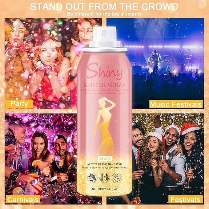 Hair and Body Glitter Spray, Holographic Glitter Highlighter Powder, Hairspray for Clothes, Face Body Shiny Glitter, Loose Shimmer Hairspray Festival Rave Prom Accessories, 2.11 Fl Oz(Gold)