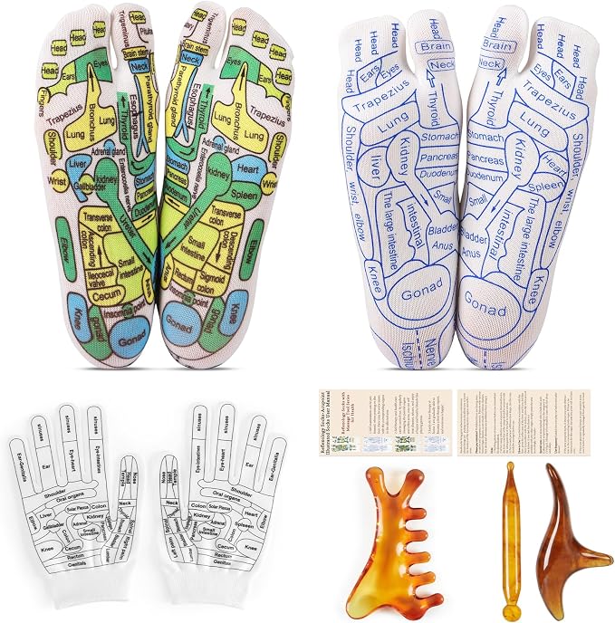 Reflexology Socks Set with Gloves Tools, 2 Pairs Massage Socks Chiro Acupressure Acupuncture Trigger Point 3pcs Tool Comb Gua Sha Foot Hands Head Pain Relief Acupoint Gifts for Women F