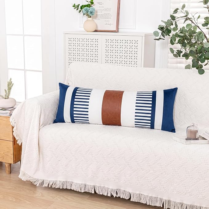 14x36 Lumbar Pillow Cover, Navy Blue Stripe and Brown Faux Leather Color Block Long Throw Pillow Case for Couch Bed Sofa, Farmhouse Modern Decorative Body Cushion Cover for Covered Porch