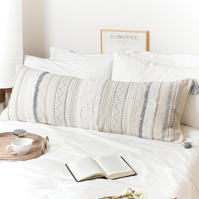 20X54 Oversized Large Lumbar Pillow Cover for Bed, Rectangular Long Decorative Throw Pillowcase, Cotton Boho Accent Cushion with Gray Tufted Pattern and Tassels, Cream Neutral (Cover Only)