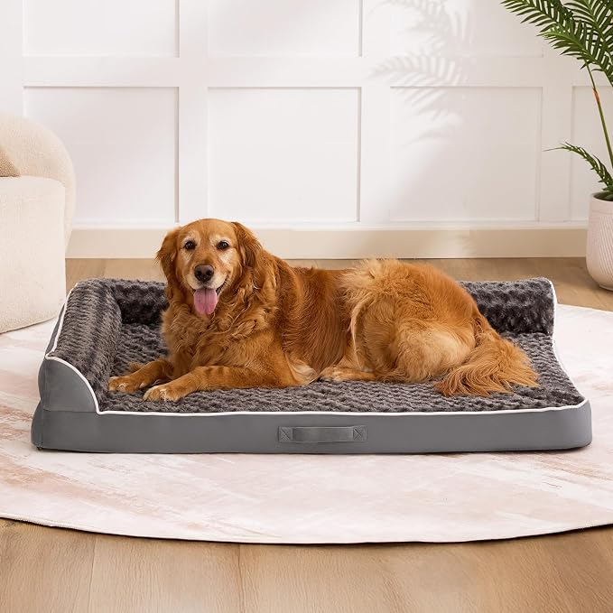 XXL Orthopedic Dog Bed, Extra Large Dogs, 48"x35", Dark Grey | Waterproof, Washable Cover, L-Shaped Pet Couch, Egg-Crate Foam for Pressure Relief, Portable Handle