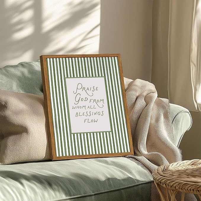 Framed Christian Wall Art, Praise God From Whom All Blessings Flow Scripture Pictures Wall Decor, Sage Green Striped Bible Verse Paintings Canvas Prints Religious Home Decor for Living Room 12x16 inch