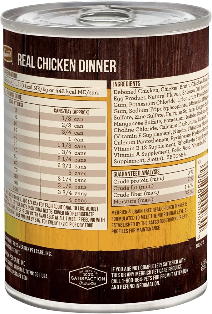 Merrick Grain Free Premium and Natural Canned Dog Food,Soft and Healthy Wet Recipe,Real Chicken Dinner - 12.7 oz. Cans,(Pack of 24)