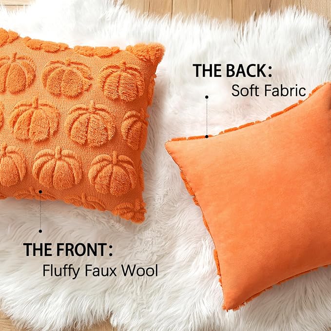 MIULEE Fall Pillow Covers Pumpkin Fall Decor 20x20 Orange | Set of 2 Fall Decorations for Home, Plush Faux Fur Farmhouse Accent Pillowcases, Porch Sofa Couch Cushion Bed Livingroom