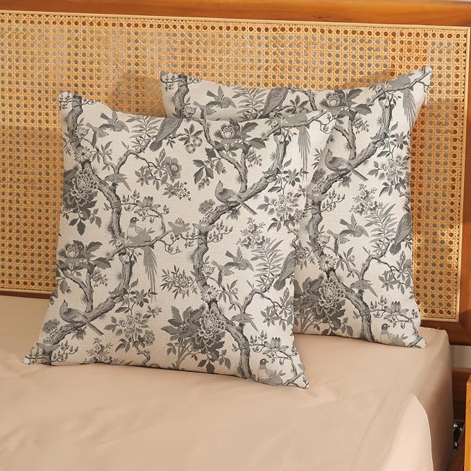 Black Floral Bird Pillow Covers 18x18 Set of 2 Chinoiserie Throw Pillows Black Vintage Flowers Bird Decorative Pillow Cases Outdoor Chinoiserie Decor Farmhouse Cushion Case for Couch Sofa