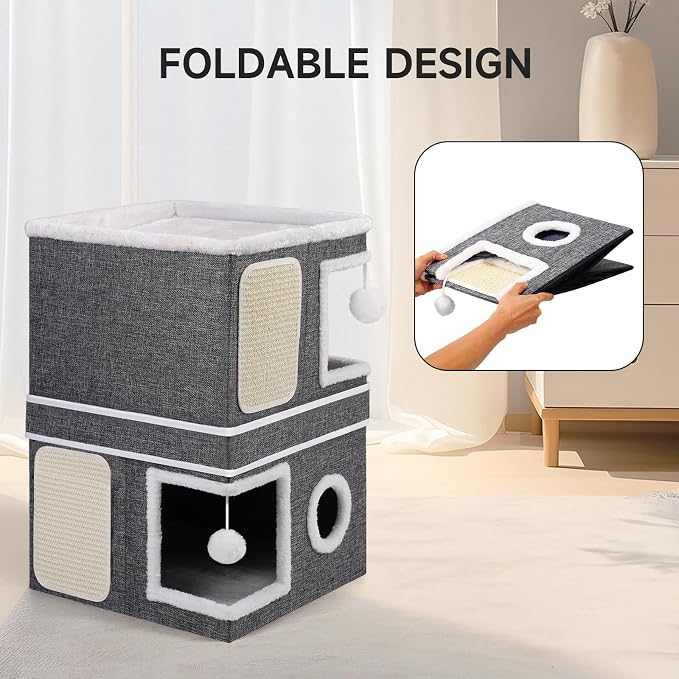 Shikha 2 Story Cat House beds for Indoor Cats with Scratch Pads Grey | 2 in 1 Dual Use Double Cat Bed Cave for Multiple Pets Kitten, Elevated Perch for a Wide View, All Season Reversible Cushion