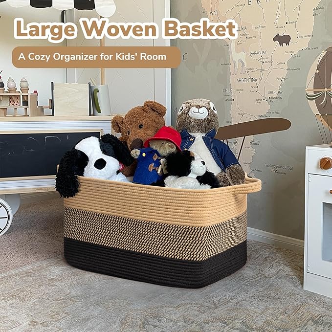 Goodpick Large Woven Blanket Basket, Rectangle, Black Jute, 75L | 21.6'' x 14.9'' x 11.8'' Wicker Storage Basket for Blankets & Toys, Living Room & Bedroom Organization, Reinforced Handles