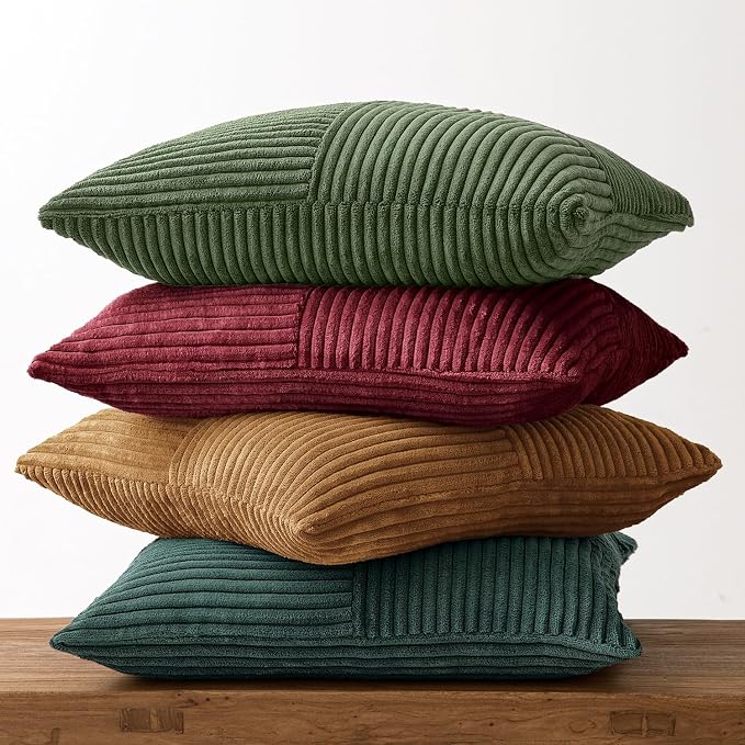 MIULEE Boho Christmas Green Decorative Throw Pillow Covers 20x20 Set of 4 Farmhouse Cushion Covers Color-Clash Corduroy Pillow Cases Modern Soft Corduroy Patchwork Home Decor for Couch Sofa Bedroom