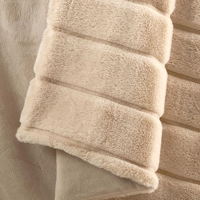 Cozy Bliss Deluxe Sheared Rabbit Faux Fur Throw Blanket, Soft Fuzzy High-Low Sculpted Plush Blanket for Couch, Cozy Home Accent, All Season Use, Khaki 60"x80"