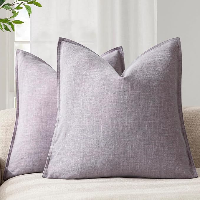 Foindtower Pack of 2, Decorative Linen Solid Throw Pillow Covers Soft Accent Euro Cushion Case Boho Farmhouse Neutral Pillowcase for Couch Sofa Bedroom Living Room Home Decor 18 x 18 Inch Light Purple