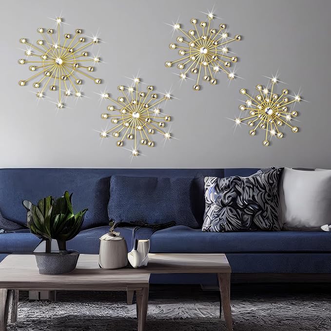 Blulu 4 Pcs Metal Wall Decor Bling Crystal Wall Art Cast Iron Rhinestones Sunburst Decor Starburst Art Hanging Diamond Accents Home Decorative for Living Room Bedroom Entryway(Gold)