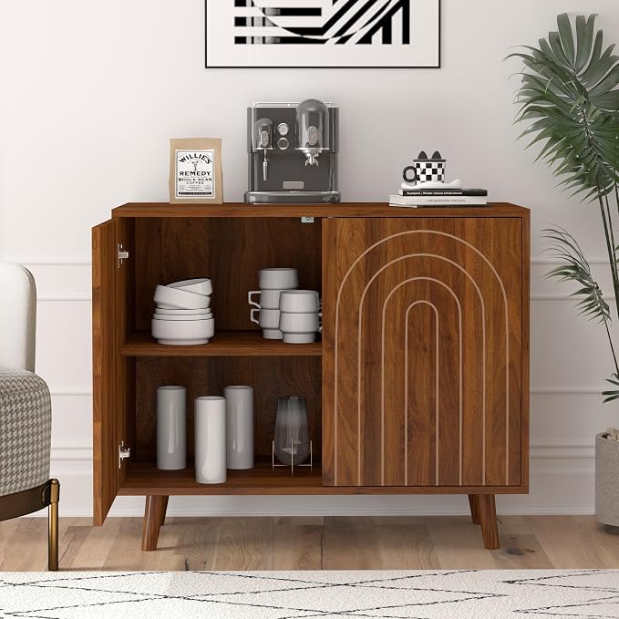 weselon Accent Cabinet with Carving Lines, Modern Buffet Sideboard with Adjustable Shelves, Decorative Storage Cabinets for Bedroom Living Room Kitchen Office and Hallway (Walnut, 1)