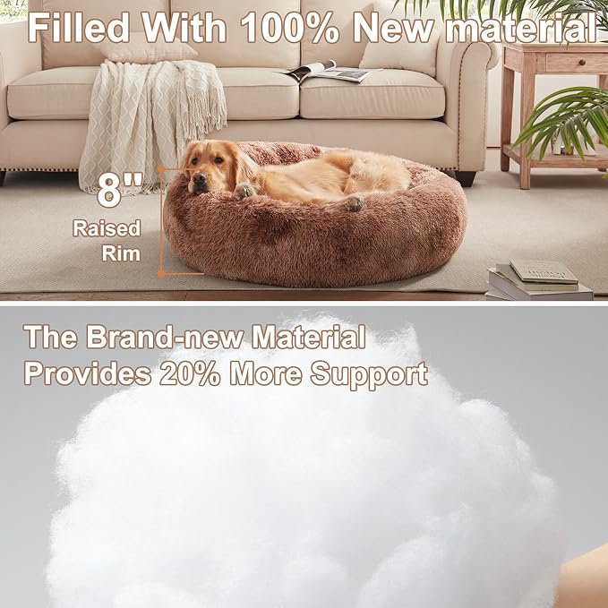 36 in Faux Fur Fluffy Donut Dog Bed for Large Dogs,Tie-dye Brown | Calming Plush Round Pet Bed with Removable & Washable Cover,Fits up to 80 lbs Pets