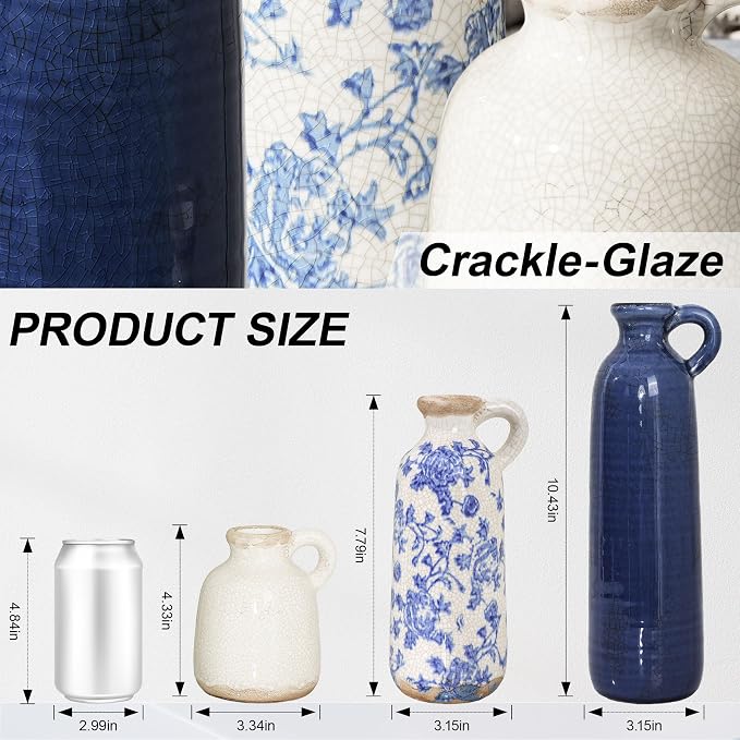 Ceramic Vase Set, 3Pcs Flower Vases for Modern Boho Farmhouse Decor, Decorative Vases for Pampas Grass & Dried Flowers, Distressed Finish