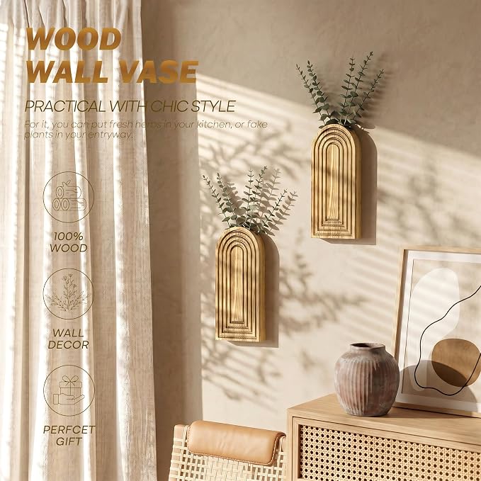 EOSAHR Wall Vase: Wall Planter for Indoor Plants & Fake Flowers, WarmYellow | 2Pcs, Pine Wood, Hanging Vase, Wall Art for Living Room, Boho Decor, Suitable for Eucalyptus Plant & Artificial Flower