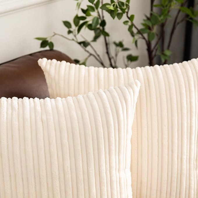UGASA Soft Striped Throw Pillow Covers Solid Corduroy Decorative Square Set Cushion Cases Pillowcases for Couch Sofa Bedroom, 1 Pack, 24x24 Inch, Cream
