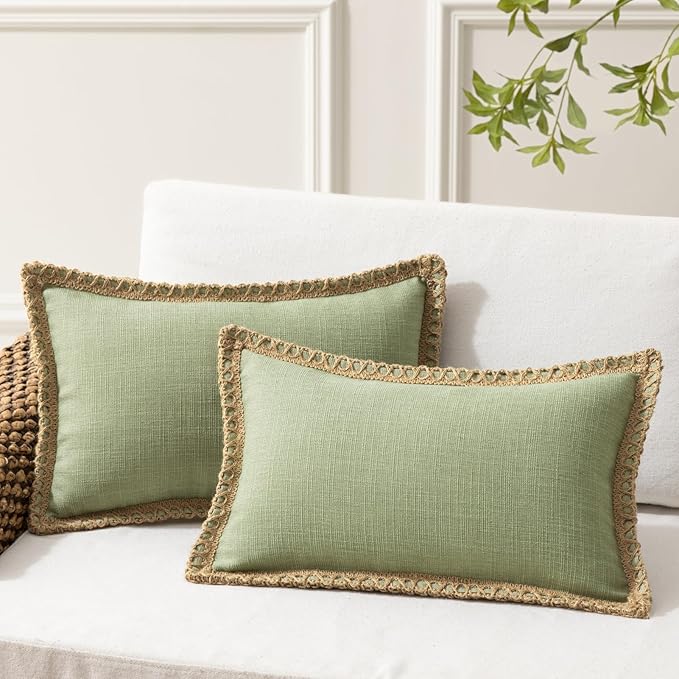 Phantoscope Pack of 2 Farmhouse Decorative Throw Decorative Pillow Cover Burlap Linen Trimmed Tailored Edges, Sage Green, 12 x 20 inches, 30 x 50 cm