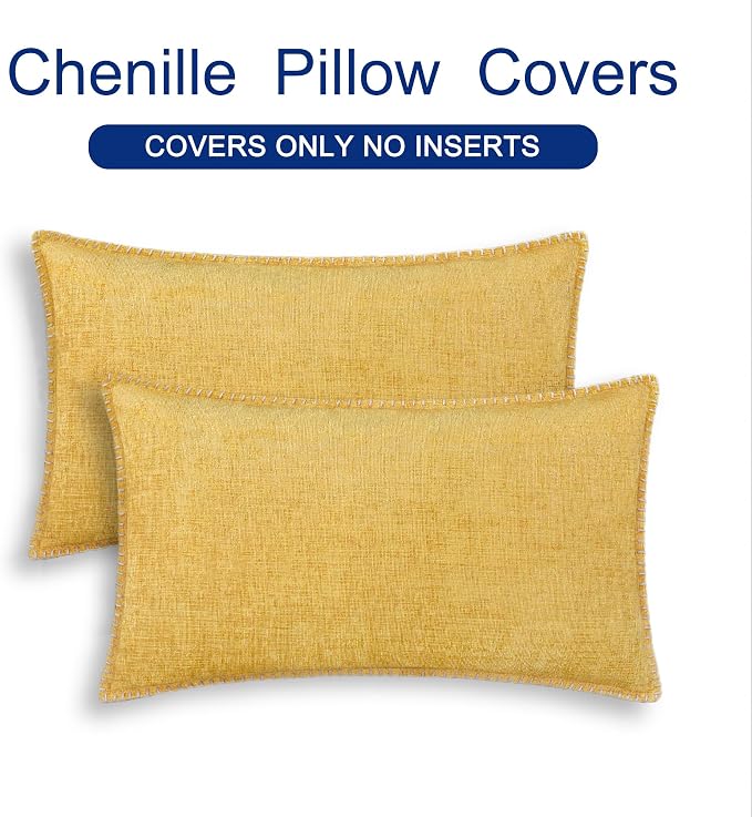 CaliTime Decorative Couch Throw Pillow Covers 20 X 12 Inches Gold | Pack of 2, Cozy Chenille Cushion Cases, Cotton Thread Stitching Edges, for Sofa Bed Living Room Farmhouse