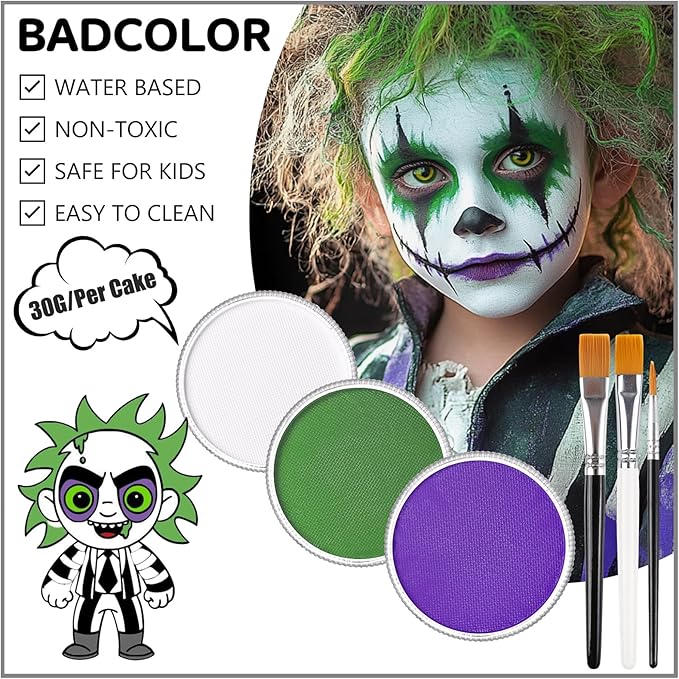 White Green Purple Face Body Paint, Face Painting Kit with Brushes for Beetlejuice & Frankenstein Halloween Makeup, Facepaints for Witch Ursula Maleficent Costume Cosplay & Monster Skeleton SFX Makeup