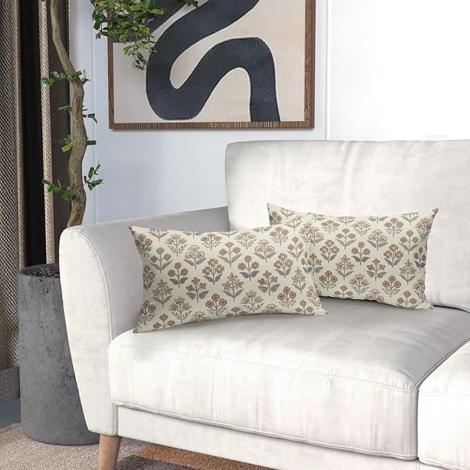 Brown Grey Gray Floral Pillow Covers 12x20 Inch Set of 2, Block Print Lumbar Flower Cream Decorative Throw Pillowcases Outdoor Farmhouse Rectangle Cushion Covers Spring Summer Sofa Couch Bed Decor