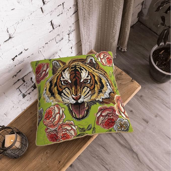 Tiger Flower Green Velvet Pillow Covers 16x16 Inch Pink Floral Animal Throw Pillows for Couch Cushion Covers Pillowcase Farmhouse Modern Pillow Cases for Sofa Bed Living Room Bedroom