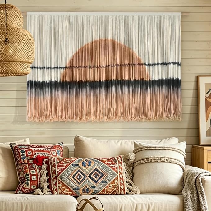 Macrame Wall Hanging Dip Dye Sunset Boho Wall Decor Fiber Art 57" W*35" L | Fiber Wall Art, Hand Dyed Wall Hanging, for Bedroom Living Room Office Dorm Room Accent, Aesthetic Home Style, Boho Decor