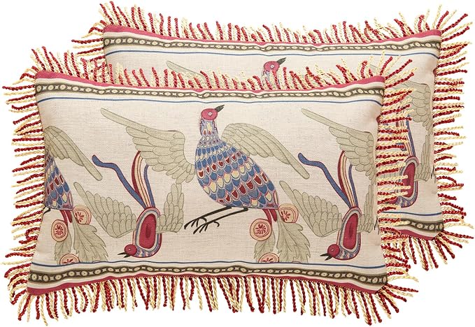 patdrea Vintage Linen Throw Pillow Cover,12"x20",Set of 2-Schumacher D | Elegant French Decorative Pillow Case,Bird Pattern with Fringe Trim,Cushion Coverfor Couch Living Room Bedroom Sofa