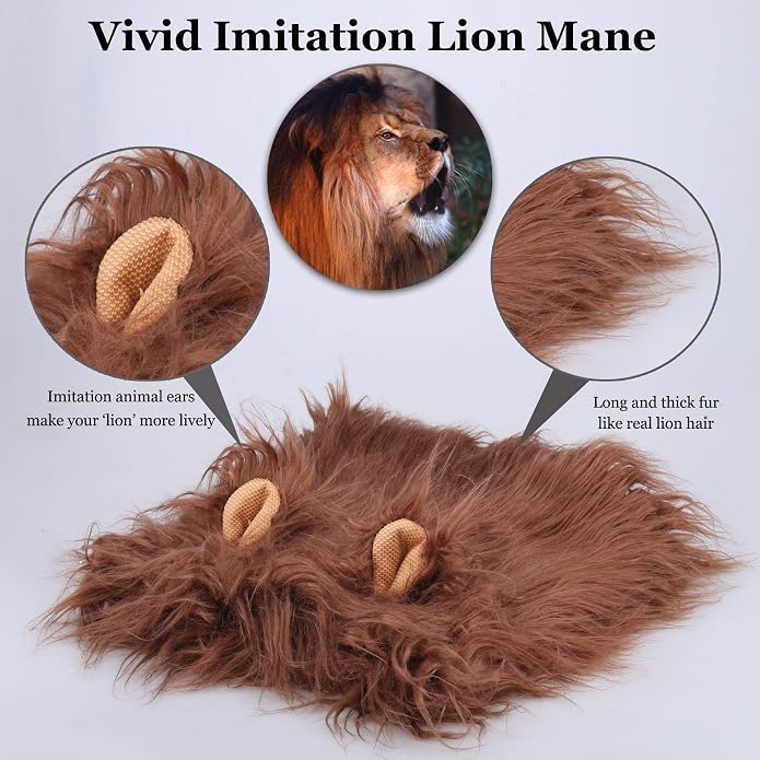Lion Mane Wig for Dogs with Ears, Funny Pet Costumes for Halloween Christmas