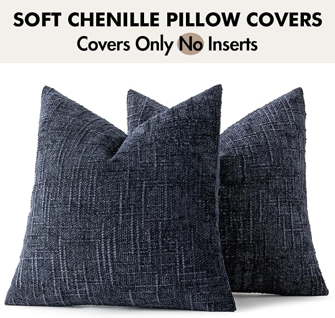 MIULEE Chenille Textured Throw Pillow Covers Navy Blue 18x18 Set of 2 | Slubby Decorative Pillows, Boho Farmhouse Coastal Decor, Modern Neutral Cushion Covers for Couch Sofa Bed Living Room
