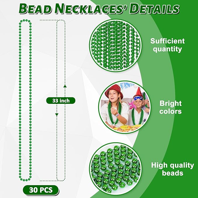 St Patricks Day Decor, 30PCS Green Beads Necklaces Accessories, 33" Saint Patricks Day Mardi Gras Xmas Necklace Party Favor, Green Mardi Gras Beads Bulk for Wedding Birthday Holiday Parade Throw