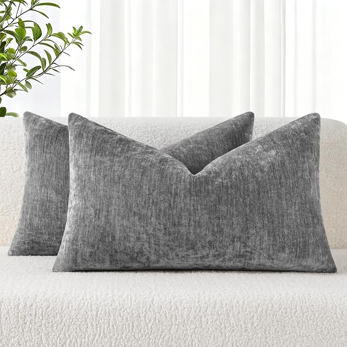 decorUhome Soft Chenille Dark Grey Throw Pillow Covers 12X20 Set of 2 | Decorative Fall Couch Pillow Covers Solid Dyed Accent Modern Farmhouse Neutral Rectangle Pillow Cases for Sofa