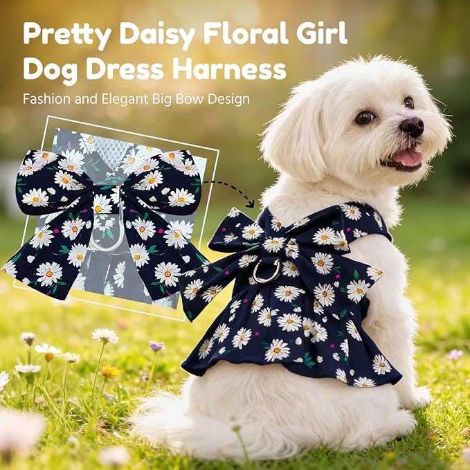 BAEJMJK Dog Dress Bowknot Harness Leash Set for Small Dogs Cats Daisy Floral Girl Dog Dresses Cute Puppy Princess Clothes Pet Doggy Outfits Spring Summer Breathable Dresses (Medium, Navy Blue)