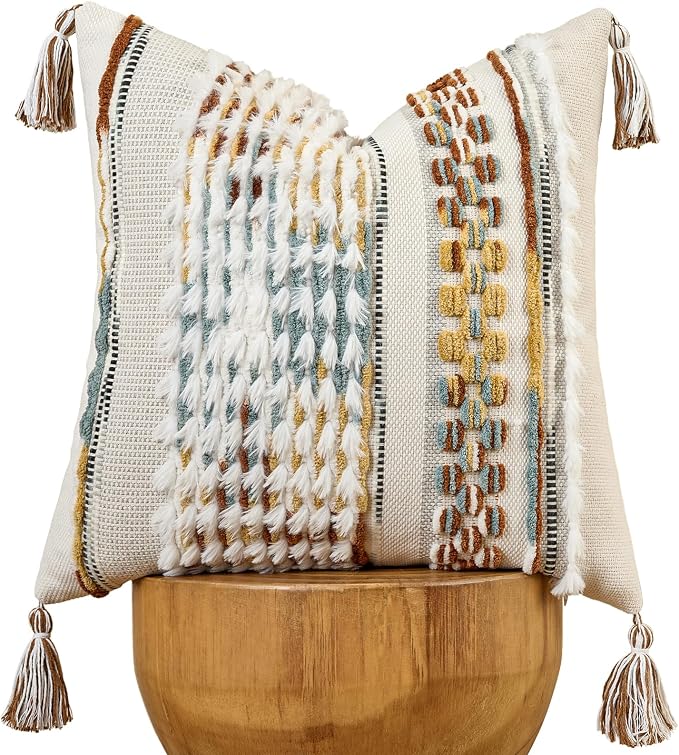 Chenille Striped Tufted Textured Boho Throw Pillow Covers Aesthetic with Tassels Woven Decorative Pillow Case for Couch Bed Sofa Bedroom Modern Funky 18 x 18-Inch Brown White