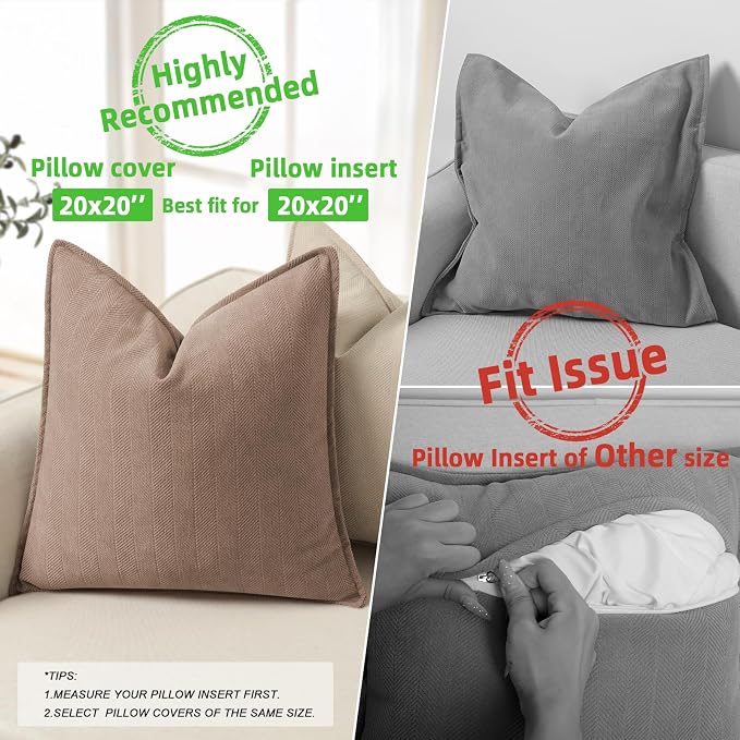 Khaki Pillow Covers 20x20 Set of 2 Chenille Throw Pillow Covers with Elegant Design Soft and Luxurious Decorative Throw Pillows for Couch, Bed, and Home Decor