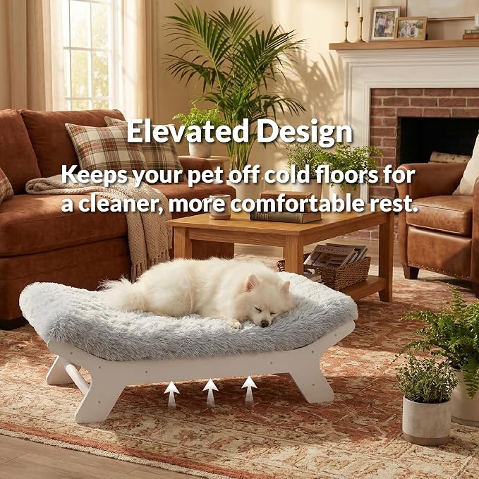 Elevated Wood Dog Bed Frame Mat Set, Whitecolor, Medium | Raised Sturdy Attractive Dog Sofa Couch Furniture,55 lb