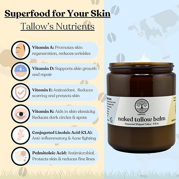 Beef Tallow for Skin - NAKED TALLOW BALM I 1 Ingredient - 100% Grass Fed Beef Tallow | Whole Body & Face | Whipped & UNSCENTED for Sensititve Dry Skin, Babies, Eczema, Psoriasis, Rosacea