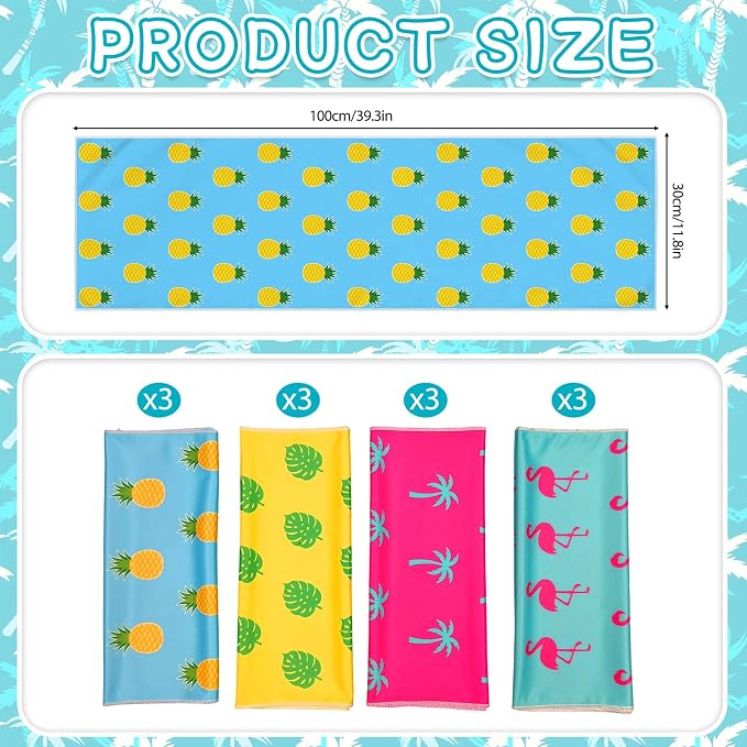 12Pcs Neck Cooling Towel, 40"X12" Hawaiian Print Baseball Ice Towels Soft and Breathable Sports Towel Outdoor Sports Colorful Fast Drying Towel for Gym Outdoor Camping Baseball Team Gift