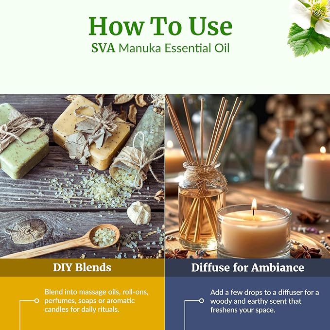 SVA Manuka Essential Oil 1/3 Fl Oz – for Diffuser, Skin & Hair Care – Ideal for Massage & DIY Blends – with Dropper