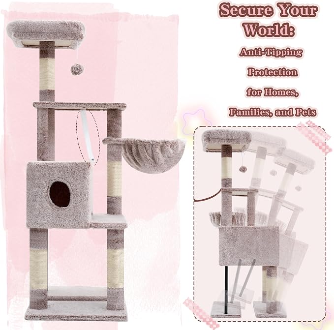 Heybly Cat Tree with Toy, 49.2 inch Cat Tower for Indoor Cats HCT200SMU | Spacious Cat House Condo with Hidden Space，Soft Plush Top Perch，Cozy Hammock and Sisal Scratching Posts, Rosy Brown