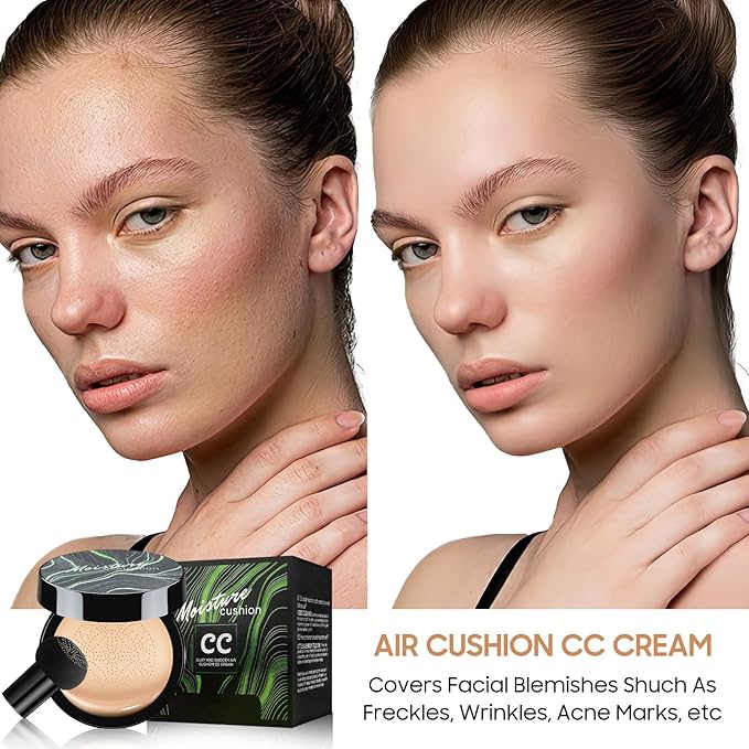 Air Cushion CC Cream Foundation - Mushroom Head BB Cream Face Makeup Moisturizing Concealer Brighten Long-Lasting, Even Skin Tone for All Skin Types (Natural, 1 PCS)